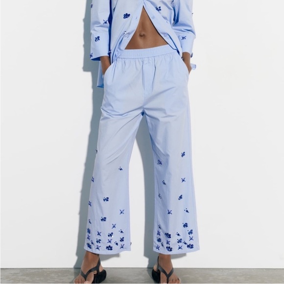 Zara Pants - ZARA Beaded Embellished Wide-Leg Pants - Sky Blue | Size S | NWT